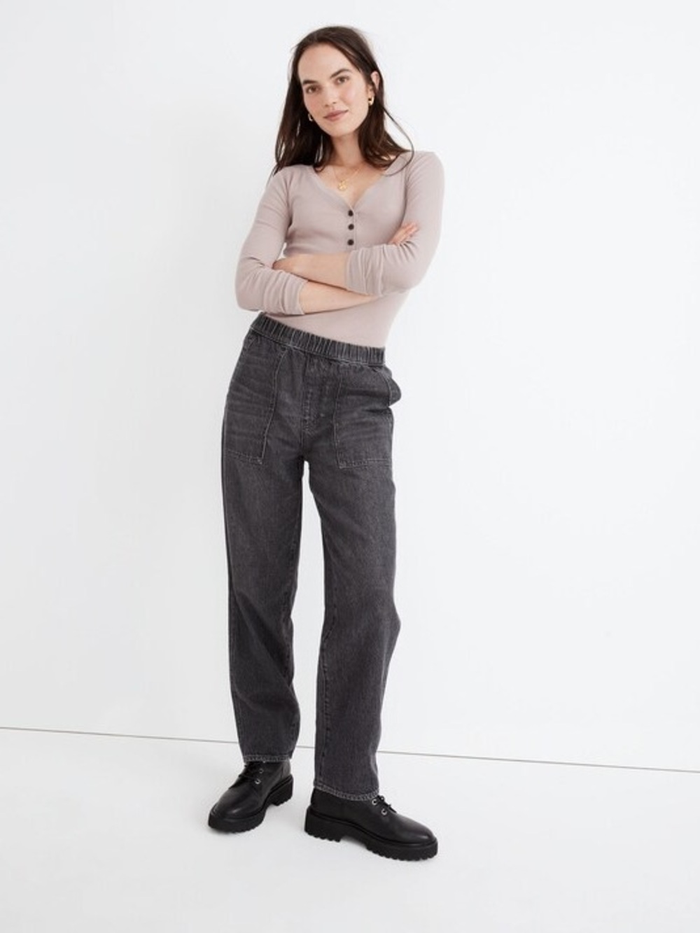 Madewell Pull on Relaxed Jogger Jeans Chelford Wash Size LT Black Straight Leg